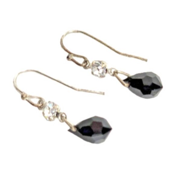 Crystal & Black Faceted Bead Silver Earrings 1.5" x.25" - Picture 1 of 3